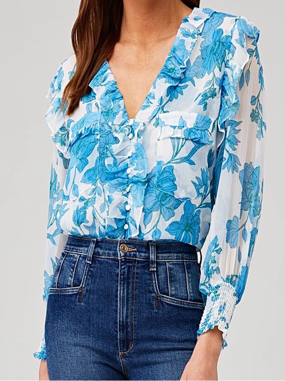 Misa Los Angeles Sasha Top  en Turquoise Blue Floral Ruffle ,Chiffon Blouse NWT